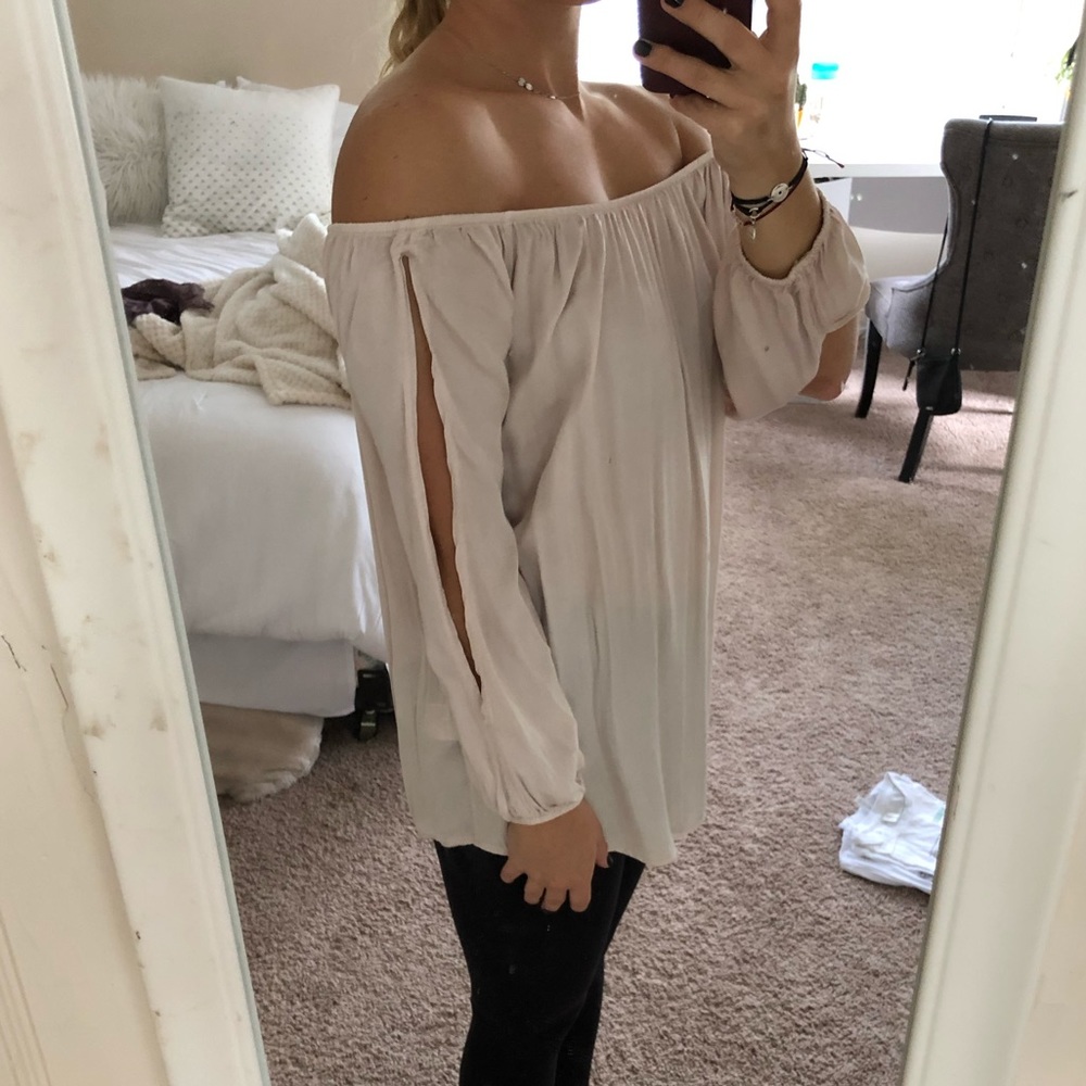 Light pink, off the shoulder loose long sleeve